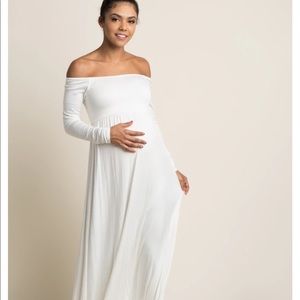 Pink Blush White Off Shoulder Long Sleeve Maternity Maxi Dress Size Small Petite
